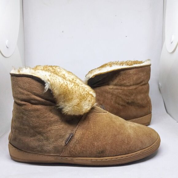 LAMO Size 8 Suede Bootie Slippers-Faux Fur Lined-Chestnut-Plastic Outsole - Picture 3 of 9